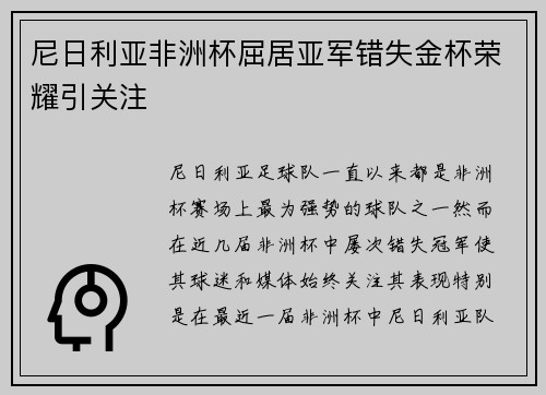 尼日利亚非洲杯屈居亚军错失金杯荣耀引关注 尼日利亚非洲杯屈居亚军错失金杯荣耀引关注